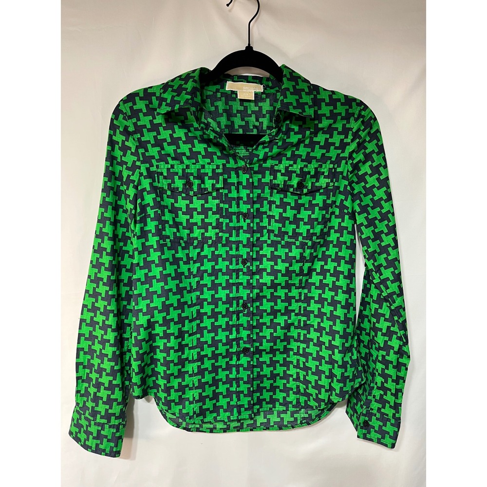 Michael Kors Womens Button Up Shirt Top Roll‎ Tab Long Sleeve Green Pattern